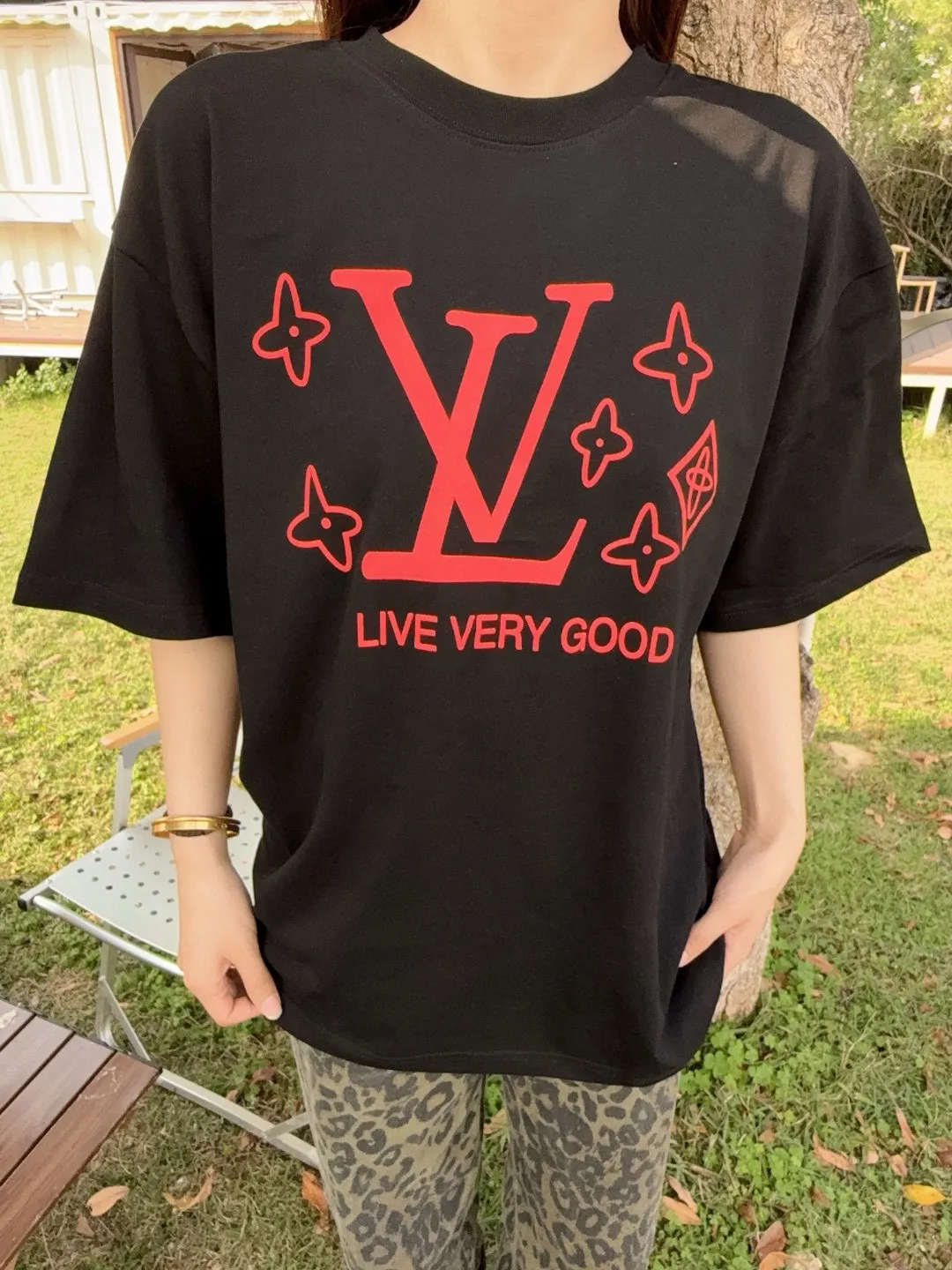 Louis Vuitton/Louis Vuitton 25ss presbyopic letter logo foam printed short sleeves